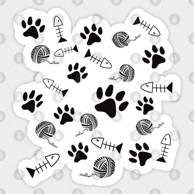 Cat Paw Print, Fish Bones, Ball of Yarn Pattern - Black On White Version Sticker by SubtleSplit